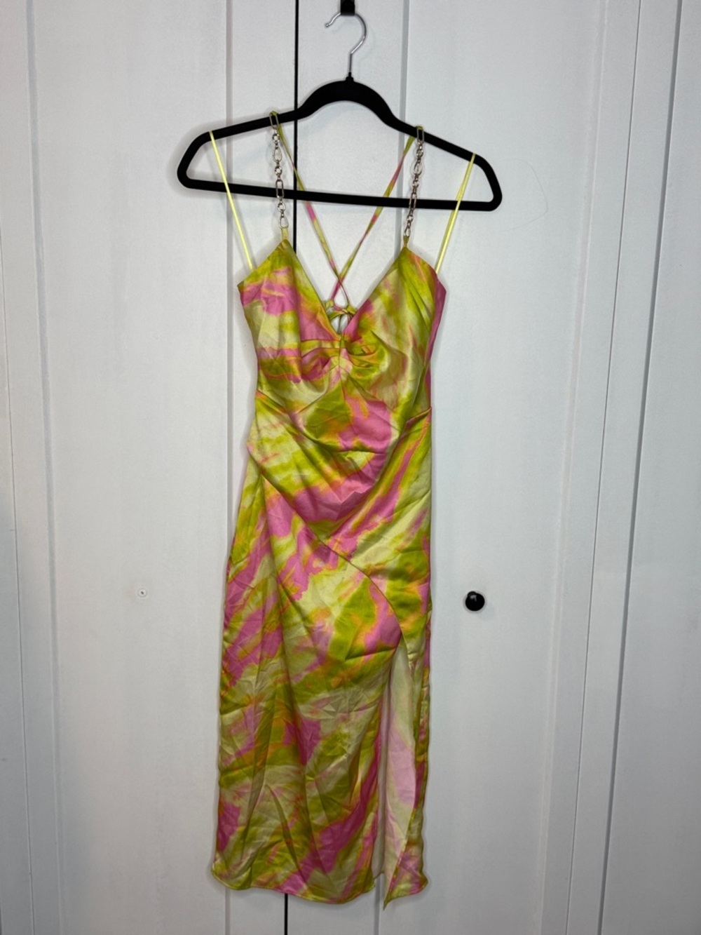Fashion Nova Pink and Lime Green Tie-Dye Midi Slip Dress